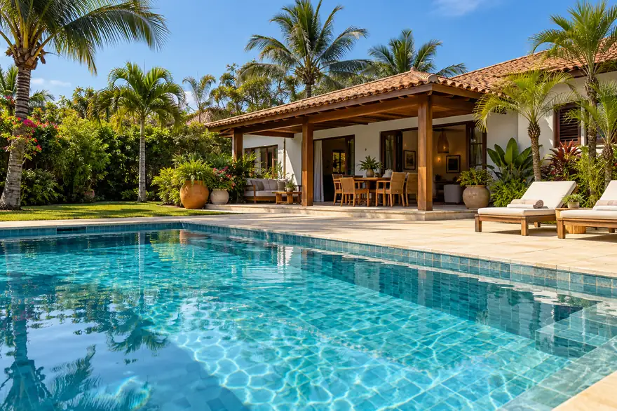 Piscina residencial com água limpa e bordas bem cuidadas
